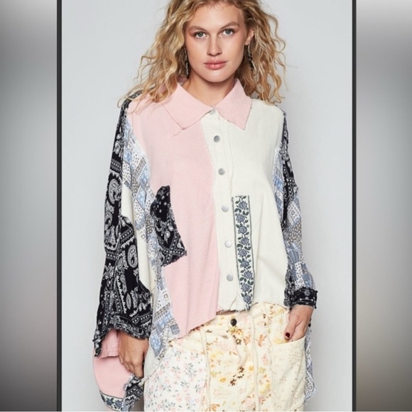 POL Patchwork chambray printed top Button Down Oversize Shirt size M - Picture 1 of 13
